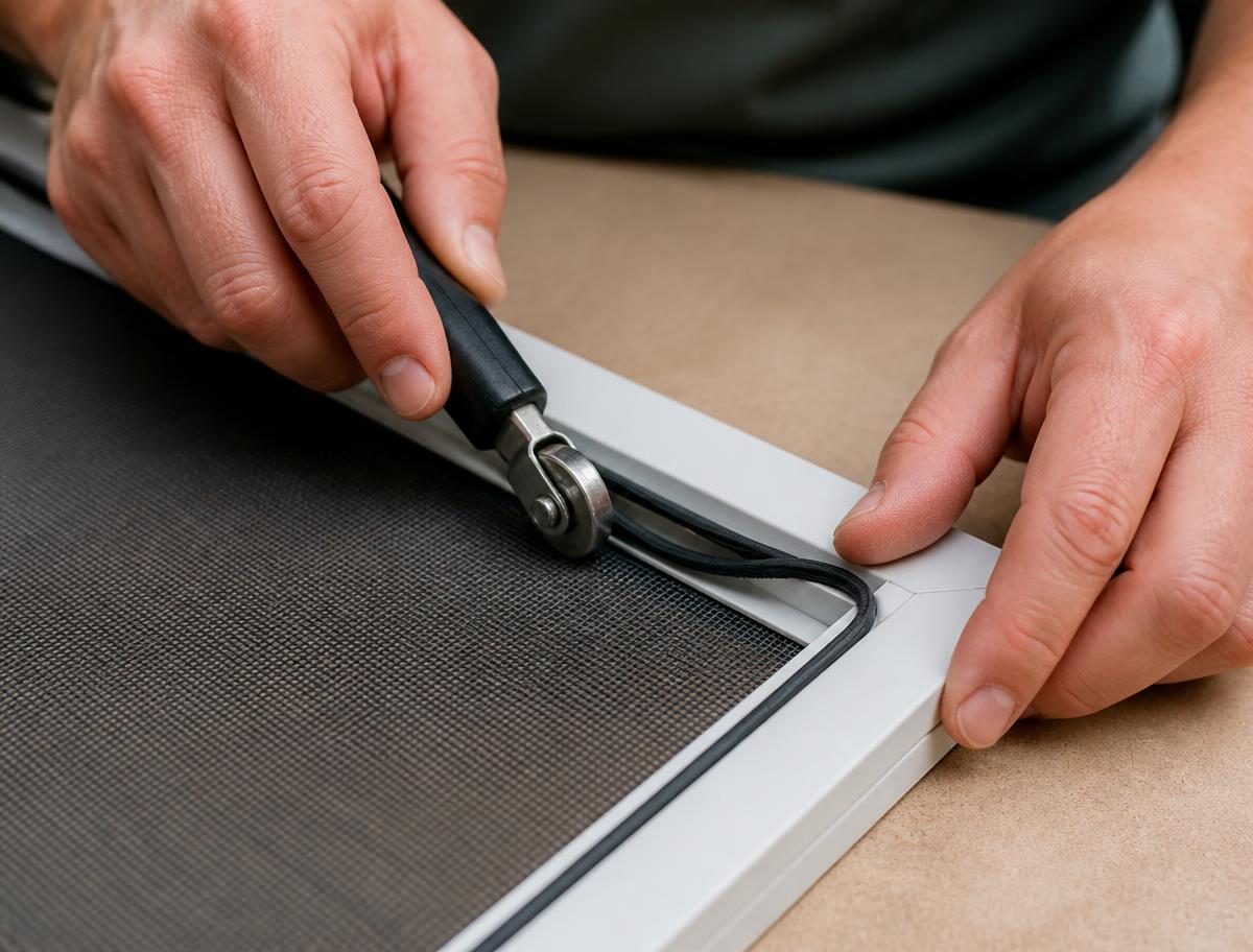 Fine black mesh being secured into a white screen frame with a spline roller