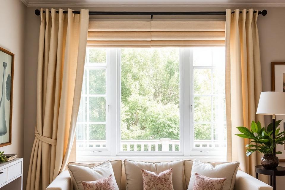 Drapery panels stacked to the side and a shade stacked at the top of the window