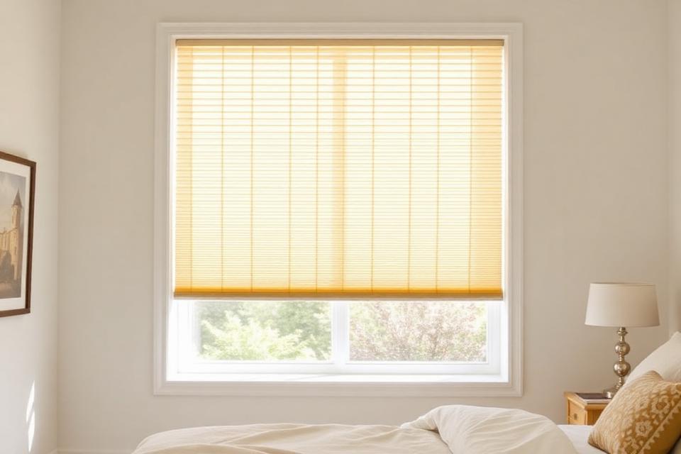 Cellular shade lowered from the top with daylight above and privacy below