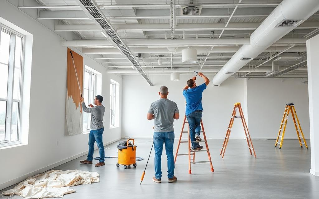 Contractor rolling Benjamin Moore Ultra Spec on a commercial job