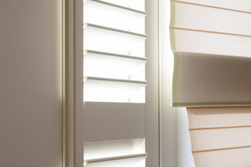 Tilted shutter louvers beside a sheer shading with fabric vanes