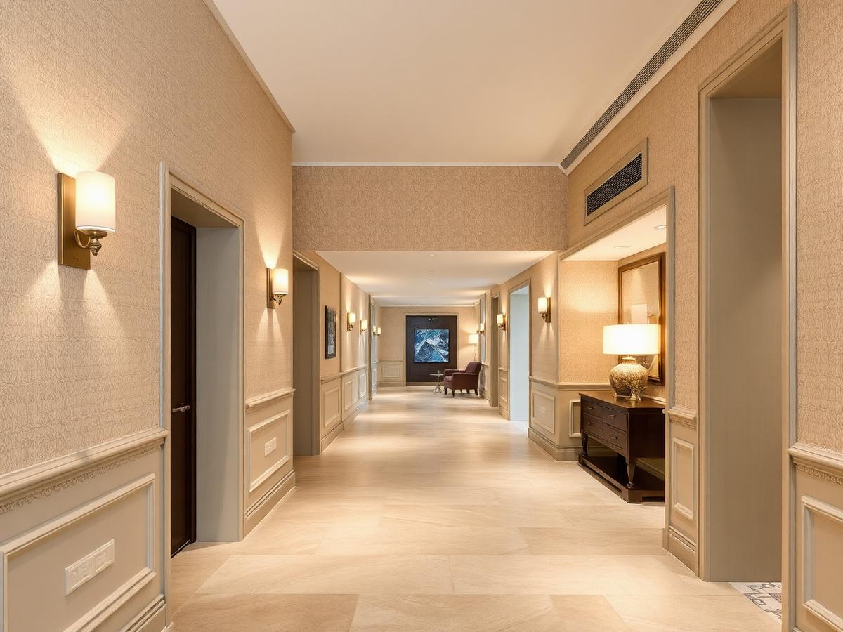 Clubhouse corridor with durable neutral commercial vinyl wallcovering