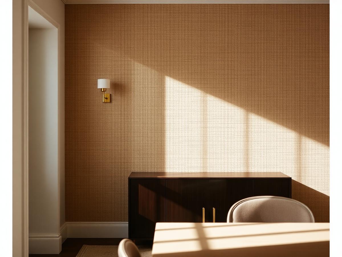 Dining room wall in warm natural grasscloth wallcovering with a brass sconce
