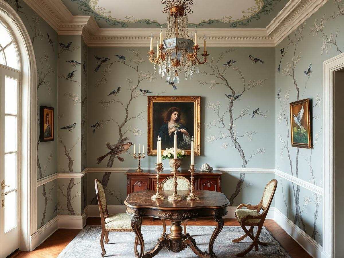 Dining room with a chinoiserie scenic mural of birds and blossoming branches