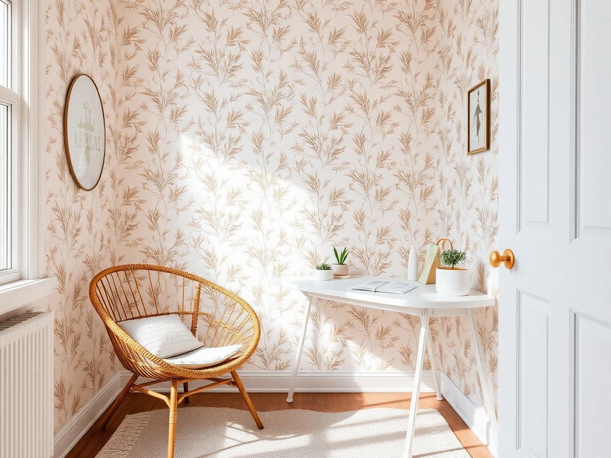 Corner office with soft botanical peel-and-stick wallpaper and a rattan chair