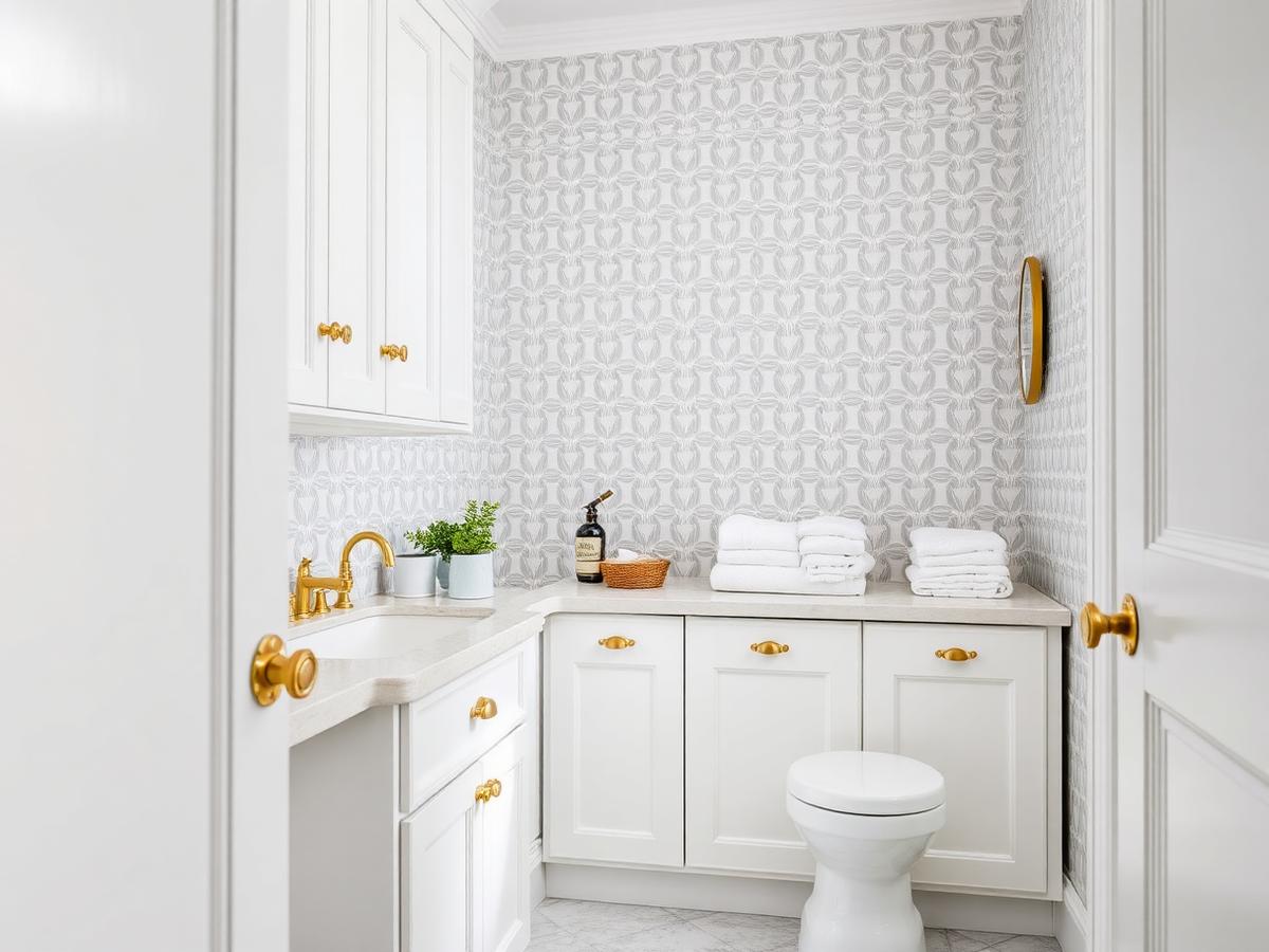 Bright laundry room with washable geometric vinyl wallpaper and white cabinetry