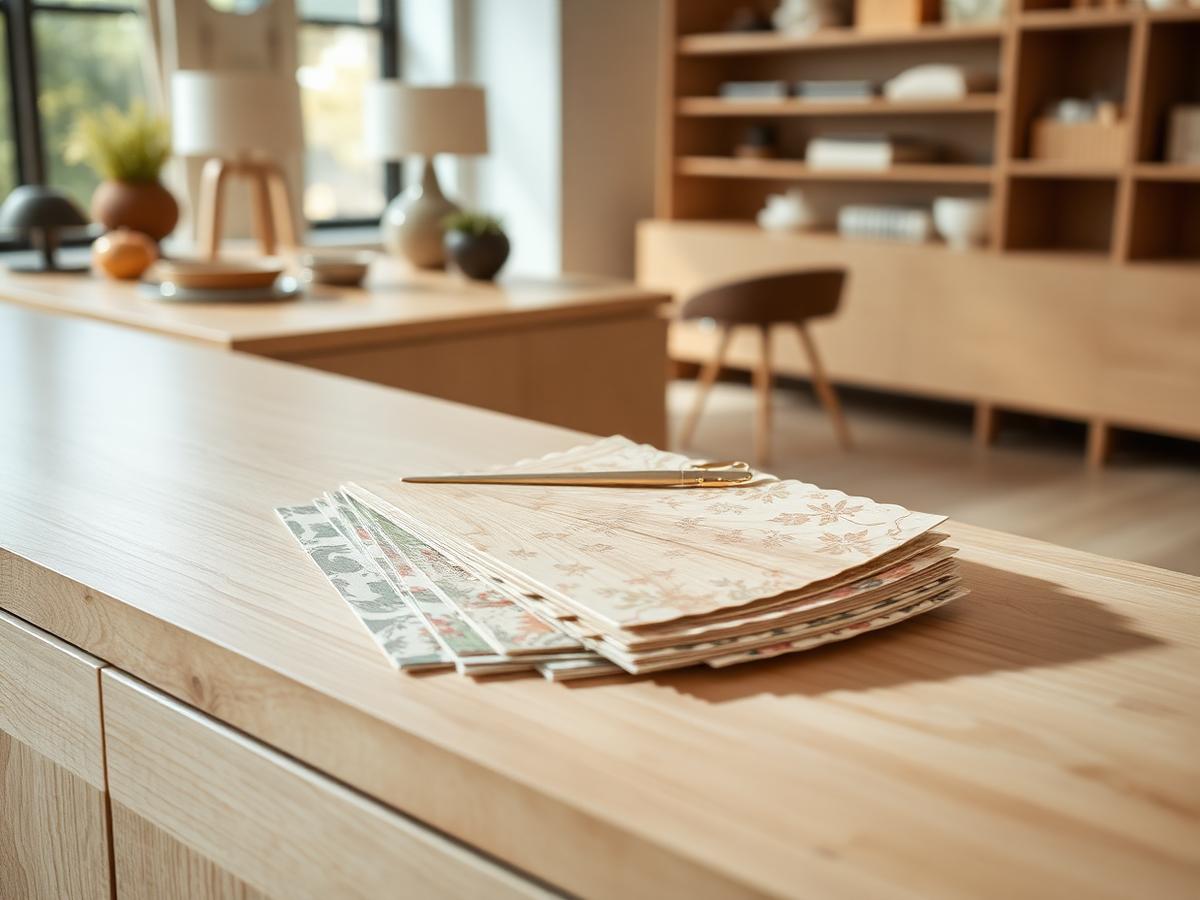 Wallpaper swatches fanned out on a showroom counter