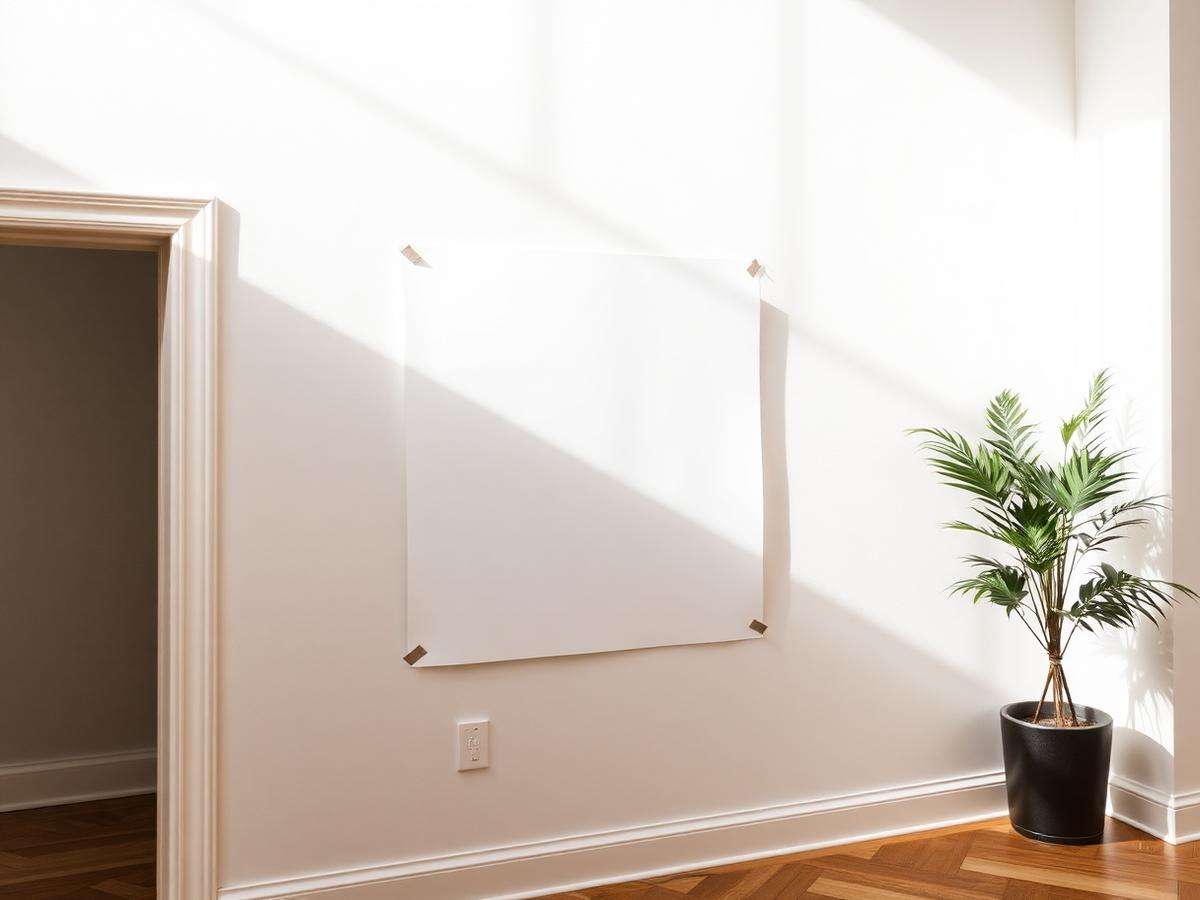 Large-format wallpaper sample taped to a sunlit wall